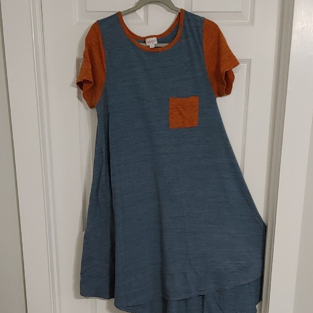 LuLaRoe Carly Hi-low Swing Midi Dress Size Large Heather Blue and Orange Casual